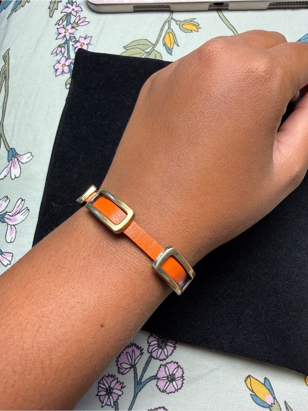 TOKYObay Orange and Tan Leather Bracelet with Brass Hardware